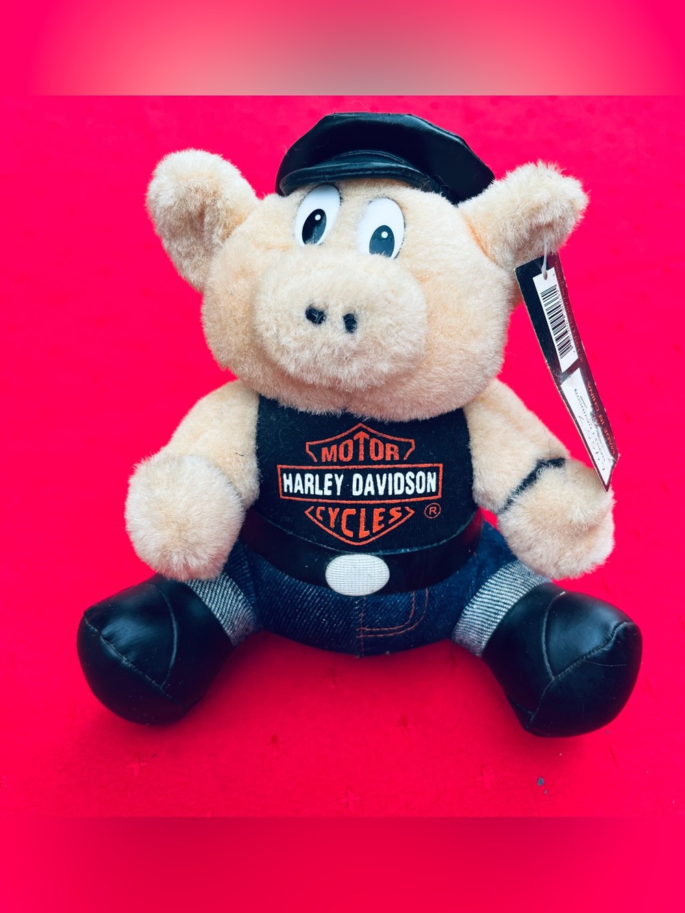 Vintage Collectible Harley-Davidson Plush Piglet Toy in Tan and Black
